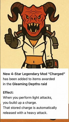 FO76 News: New 4-Star Legendary Mod “Charged” added to items awarded in the Gleaming Depths raid