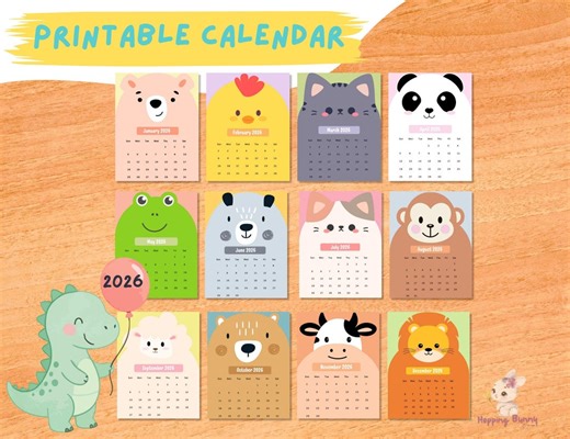 Kids Printable Calendar 2026 • Cute Animal Monthly Calendar • Homeschool Planner • Fun Learning Calendar - Etsy