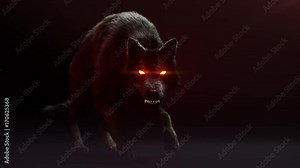 Scary wolf creeps. His eyes are burning. She growls and looks at us. Halloween theme High quality animation is looped.