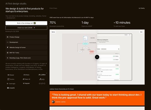 New baked design website!From Chaos → to Clarity> before/after> figma link to our latest work> services we offer> companies we worked with> new pages for individual projects> highlighted testimonials> companies we are working with> chocolate brown background