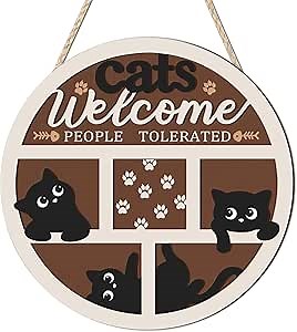 LHIUEM 3D Funny Black Cat Welcome Door Sign,Cats Welcome People Tolerated Kitty Meowy Footprint Wood Hanging Plaque,10”Black Cat Themed Wreath Wall Decor for Home Pet Shop,Cat Lover Gifts For Women