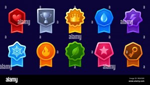 Game rank badges asset, achievement medals vector set. Colorful trophy icons with ribbons and symbols of star, heart, key, drop, lightning bolt, snowf Stock Vector Image & Art - Alamy