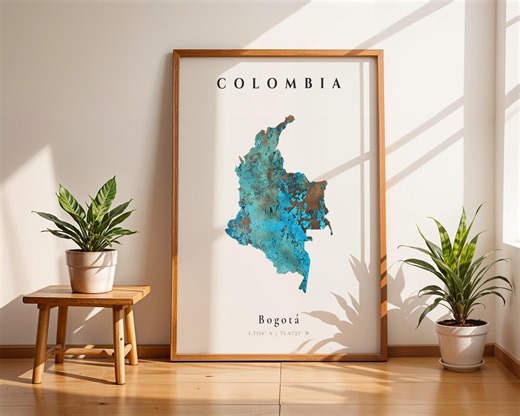Affiche de carte de la Colombie - art mural cuivre patiné bleu, impression de carte de Bogota, carte de pays abstraite, téléchargement numérique - Etsy France