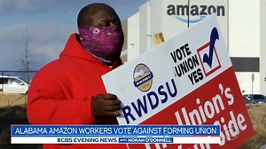 Amazon has defeated an effort by workers at its warehouse in Bessemer, Ala., to unionize. More than 3,000 employees voted, and more than half said no to unionizing. The union is already disputing the outcome, claiming the online retail giant interfered with the vote. https://cbsn.ws/2OzBwRt | CBS Evening News