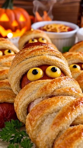 🎃 Halloween Mummy Hot Dogs 👻 Easy Spooky Party Food! #Shorts