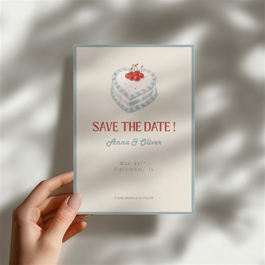 Editable Save the Date Card – Modern Playful Retro-chic Retro Heart Wedding Cake Style (5x7") - Etsy
