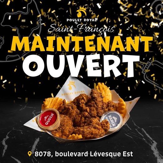 🐔 POULET ROYAL À SAINT-FRANÇOIS-DE-LAVAL - C’EST LE GRAND JOUR ! 🎊 Les portes du Poulet Royal St-François sont officiellement OUVERTES ! 👑🍗 Viens goûter à nos fameux bols de poulet grillé et à notre savoureux poulet croustillant, préparés à la main, avec soin. ❤️🔥 📍8078, Boulevard Lévesques Est, Laval, Qc, H7A 3W5 ⏰ Dès aujourd’hui ! On vous attend en grand nombre pour fêter ça avec nous ! | Poulet Royal
