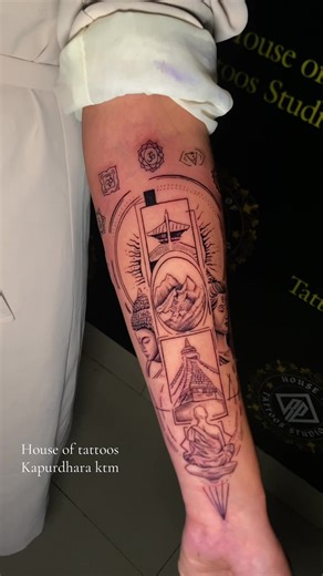 Nepal heritage with buddha and lord shiva . Half sleeve tattoo . Design refrence taken from eros ink#tattoo #halfsleeve #tattoonepal #nepaltattoo🇳🇵🇳🇵 #kathmandutattoo