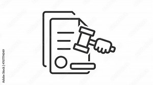 Animated legal document icon. Paper and gavel line animation. Law and order. Official paper. Legal decision. Black illustration on white background. HD video with alpha channel. Motion graphic