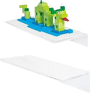 Play Platoon Building Brick Display Shelves 2 Pack Minifigure Display Case Shelf - 12x5 Inch Acrylic Wall Mount Shelf for Wall, Compatible with Lego, Megablox, and Other Major Brands - White