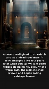 The Dead Museum Specimen That Wasnt In March 1846, two Egyptian desert snails (Eremina desertorum) arrived at the British Museum. Presumed dead, they were promptly glued to an index card and stored away as preserved specimens in the museums vast collection. Four years later, in March 1850, curator William Baird was examining the collection when he noticed something unusual about one of the snails - a thin, dried mucus membrane sealing its shell opening. To the experienced naturalist, this wasnt 