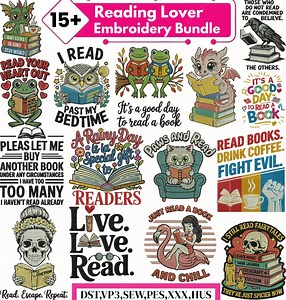 Reading Lover Embroidery Bundle Book Quotes Cute Animals Reader Library Machine Embroidery Designs for Jackets Hoodies Bags - Etsy