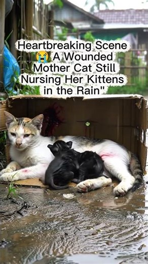 Heartbreaking Scene 😭 A Wounded Mother Cat Still Nursing Her Kittens in the Rain"