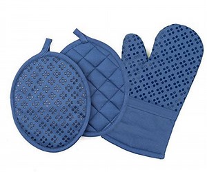 Sticky Toffee Oven Mitt and Pot Holders Cotton Set of 3, Silicone Non-Slip Kitchen Set, Dark Blue