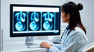 Female radiologist reviewing patient X-rays on a large monitor, showcasing medical technology and precision in diagnostics.