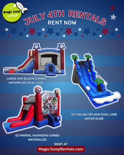 Celebrate freedom and fun this July 4th! 🇺🇸 Reserve your Independence Day rentals before they’re gone—these dates fill up fast. Make your holiday party one to remember with Magic Jump Rentals. #MagicJumpRentals #WeDeliverFun #EventRentalsLA #PartyRentalsLA #SoCalEventRentals