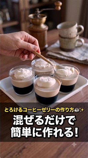 とろけるコーヒーゼリーの作り方☕✨ 混ぜるだけで簡単に作れる！ ◎材料 □コーヒーゼリー［220ml ×4］ ［コーヒーゼリー］ ・グラニュー糖… 40g ・コーヒー… 300g ・①ゼラチン… 5g ・①冷水…25g ［カフェオレ・パンナコッタ］ ・グラニュー糖… 30g ・牛乳… 200g ・インスタントコーヒー… 2g ・生クリーム（35%）…120g ・②ゼラチン… 5g ・②冷水… 25g ［仕上げ］ ・グラニュー糖…10g ・生クリーム（35%）…80g ・ココアパウダー…適量 #コーヒーゼリー #ゼリーレシピ #コーヒースイーツ #簡単スイーツ #手作りデザート