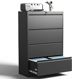 4 Drawer Lateral File Cabinet for Home Office, Metal Filing Cabinet with Lock, Wide File Storage Drawers for Letter/Legal Size Hanging File Folders, Assembly Required, (Black)