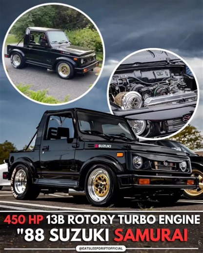 Eat Sleep Drift on Instagram: "🖤 Rotary-Swapped '88 Suzuki Samurai: A Pocket Rocket This is no ordinary off-roader; it's a meticulously built, high-performance machine based on the iconic 1988 Suzuki Samurai. Dressed in a deep, glossy black, this Samurai sheds its humble utility roots for a seriously aggressive street presence. The stance is perfected with flared wheel arches accommodating wide, sticky tires mounted on striking gold-centered, deep-dish wheels. Its custom soft-top and min