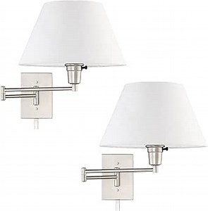 Kira Home Cambridge 15" Swing Arm Wall Lamp - Plug in/Wall Mount + White Fabric Shade, 150W 3-Way + Cord Covers, Satin Nickel Finish, 2-Pack