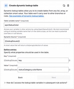 New Automation action - Create dynamic lookup table