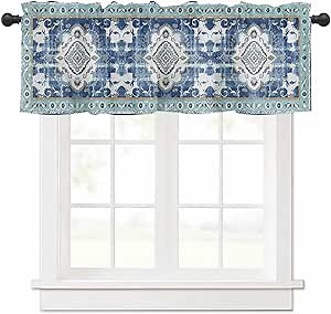 Boho Valances for Windows Bohemia Rod Pocket Valance Window Treatments 1 Panel Tribal Vintage Rustic Blue Short Curtains for Kitchen Windows Bathroom Bedroom 42 x 12 inch