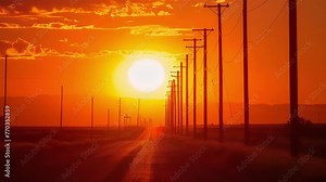 The sun sets behind a row of telephone poles drawing the eye down the road and towards a new horizon.