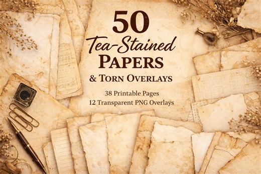 50 Tea Stained Printable Papers JPG, 12 Torn Paper Overlays PNG, A4 US Letter - Etsy