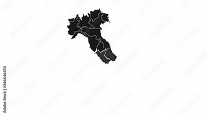 Animated map of Italy showing administrative regions. Italy map with black federal states appearing and fading one by one. Detailed political country map with divisions. 4K resolution