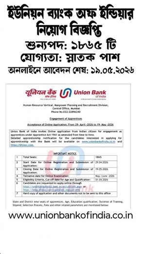 ১৮৬৫ শুন্যপদে ইউনিয়ন ব্যাংকের নিয়োগ বিজ্ঞপ্তি | Union bank Of India Recruitments 2026 | RBI Bank job