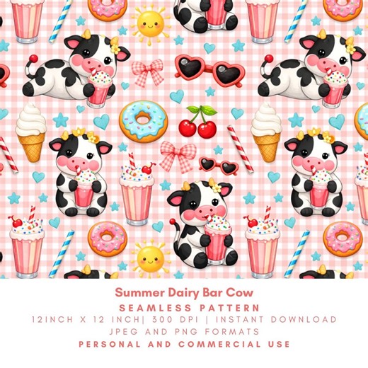 Summer Dairy Bar Cow Seamless Pattern, Cow Milkshake Print, Sweet Ice Cream Donut Cherry Digital Paper, Digital Download JPG PNG - Etsy