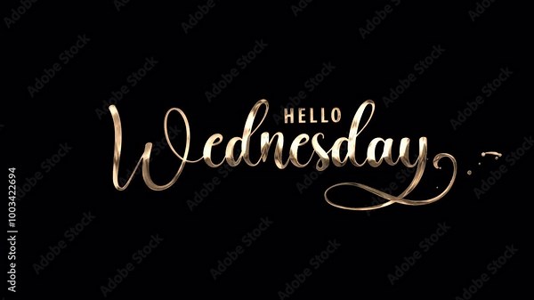 Hello Wednesday Handwritten Animated Text in Gold Color with particle effect , suitable for social media posts, greeting cards, posters, and website banners. alpha channel only 4k.