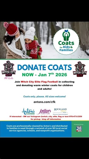 Through our #wcegivesback program, @witch_city_elite_flag was able to collect and donate 30 winter coats over the past couple of months! Thank you to everyone who participated and donated to this great cause. There's going to be some warm adults and children out there thanks to you! Big shout out to @antons_cleaners for cleaning and distributing all these coats! | Witch City Elite Flag Football