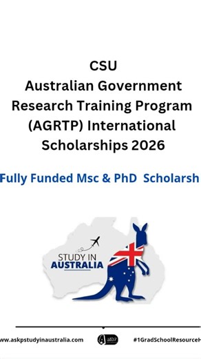 Charles Sturt University (CSU) is offering fully funded scholarships for international students via the AGRTP - Fully funded PhD/Masters by Research - Stipend: $34,315 per year - Deadline: 19 June 2026 Find full details👇 https://www.askpstudyinaustralia.com/2024/10/CSU-Australian-Government-Research-Training-Program-AGRTP-International-Scholarships-2025.html #scholarship #studyinaustralia | Askpstudyinaustralia