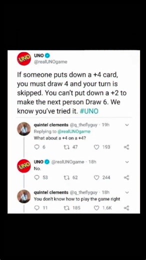 Johnny Bravo Explains Memes on Instagram: "Hey everyone, Johnny here to explain. The meme jokes about the long-running argument over “house rules” in UNO by showing the official UNO Twitter account bluntly shutting down a popular way people play the game: stacking draw cards. In the image, UNO officially states that if someone plays a +4 Wild card, the next player must draw four cards and lose their turn, and they are not allowed to stack a +2 or anything else to pass the punishment along, which
