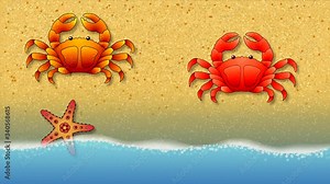 Red crabs run along the sandy seashore with waves, stopping and moving claws. Looping animated video footage with painted characters.