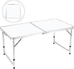 FiveJoy Folding Camping Table, 4 FT Aluminum Height Adjustable Lightweight Desk Portable Handle, Top Weatherproof and Rust Resistant Table for Outdoor Picnic Beach Backyard, 47" x 24",White