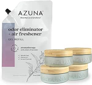 Azuna Air Freshener & Odor Eliminator for Strong Odor | 4 Room Kit Includes (4) Empty Luxe Glass Jar & 24oz Gel Refill with Tea Tree Essential Oil | Aromatherapy | Last 60-90 Days