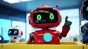 Adorable Red Robot with Friends A 3D Animation of Playful Bots Exploring a Bright, Futuristic World