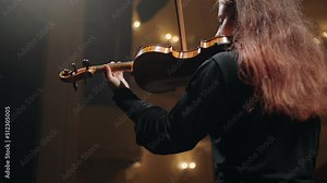 woman fiddler is playing fiddle in music hall or opera house, portrait of musician in philharmonic hall