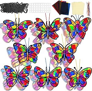 32 Sets Butterfly Suncatcher Craft Kit DIY VBS Window Stain Glass Effect Paper Butterfly Sunday School Classroom Decors Spring Easter Art Craft Creative Activity Project Kid Gift Favor