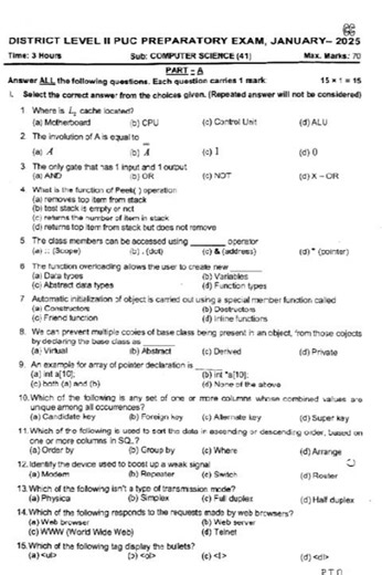 2nd PUC preparatory exam question paper 2nd PUC computer science 2026 question for