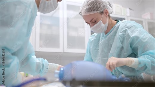 Veterinarians operating on a small cat in an operating room at a veterinary clinic. Veterinarians during treatment for an injury or surgery. Anesthesia and pain relief for animals