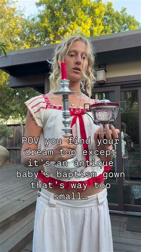 Amoeba Vintage on Instagram: "Simple rework on this early 1900s child’s baptism gown ❤️‍🩹 added an elastic bubble hem with red vintage lace trim and sewed inserts under the armpits to make the sleeves bigger - using antique cotton pillowcase fabric of a similar weight and color. Finished with a red bow of course 🌹 never give up on your dream finds!!!! #reworkedvintage #upcycledvintage #antiqueclothing #victorianclothing"