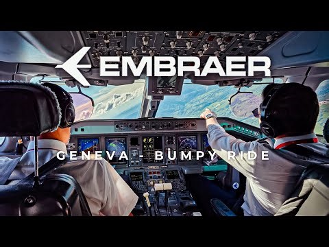GENEVA | EMBRAER 195 COCKPIT LANDING - BUMPY RIDE