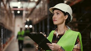 Busy Woman Warehouse Female Manager Conducts Inventory Inspection at Shipping Center. Observing the Modern Storage Facilities. Worker in Helmets in Storehouse