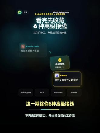 Claude Code 和 Codex 怎么接？ 一个负责规划验收，一个负责执行改文件。6 种接线方式，从 Worktree、MCP 到互审和过夜任务。你现在会把它们分开用，还是串起来用？#AI #AI工具 #ClaudeCode #Codex #程序员