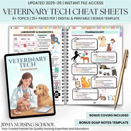 Vetnerinary Tech Cheat Sheets, Bonus Soap Notes Template, Veterinary Info Sheets, Veterinary Assistant Notes, Vet Tech Study Guide PDF