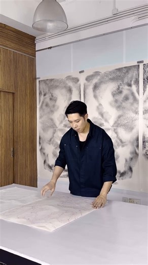 White Cube on Instagram: "Hong Kong–based artist Hung Fai explores the legacy of ‘shanshui’ – traditional Chinese landscape painting – in two new works from his series, ‘The Six Principles of Chinese Painting – Transmission’, on view at White Cube Bermondsey. Enacting a generational transfer of heritage, the artist traces and re-traces a mountain form painted by his father, the esteemed ink painter Hung Hoi, through soaked layers of rice paper. View Hung Fai’s work in ‘Alien Shores: Landscape on