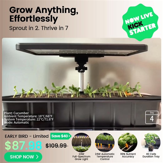 Say goodbye to leggy sprouts and wasted seeds:  24W full-spectrum grow light prevents stretching  Built-in heater with auto shutoff 離 High-precision EC sensor for nutrient balance  App & touchscreen control for full customization | LetPot News | Facebook